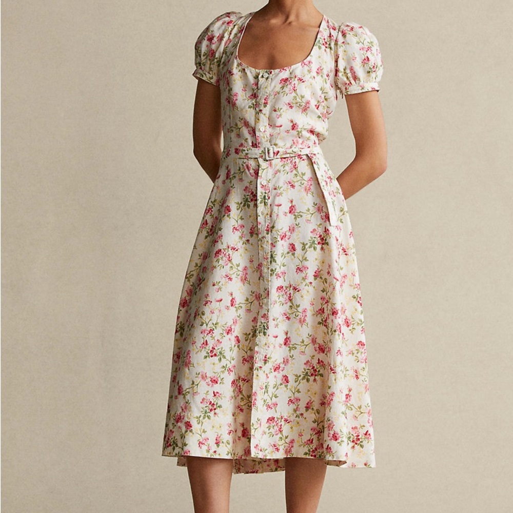 Ralph Lauren Pink Floral linen Midi Dress
